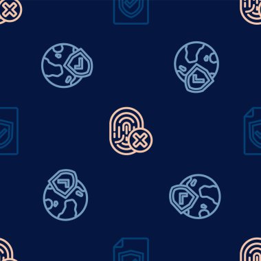 Set line Contract with shield, Shield world globe and Cancelled fingerprint on seamless pattern. Vector