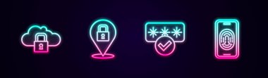 Set line Cloud computing lock, Lock, Password protection and Mobile with fingerprint scanner. Glowing neon icon. Vector