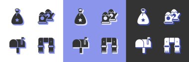 Set Winter scarf Santa Claus bag gift Mail box and Christmas mittens icon. Vector.