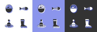 Set Fishing boots bucket with fish float water and skeleton icon. Vector.