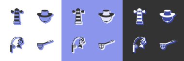 Set Fishing net Lighthouse rod and fish and Fisherman hat icon. Vector.