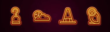 Set line Pirate hook Moon and stars Witch hat and Owl bird. Glowing neon icon. Vector.
