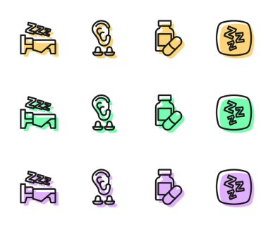 Set line Sleeping pill Time to sleep Earplugs and ear and Sleepy icon. Vector.