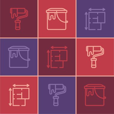Set line Paint roller brush House plan and bucket icon. Vector.