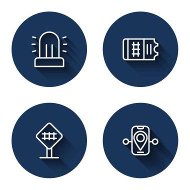 Set line Flasher siren Train ticket Railroad crossing and Route location with long shadow. Blue circle button. Vector.