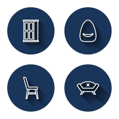 Set line Wardrobe Pouf Chair and Sofa with long shadow. Blue circle button. Vector.