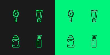 Set line Bottle of shampoo Deodorant roll Hand mirror and Cream lotion cosmetic tube icon. Vector.