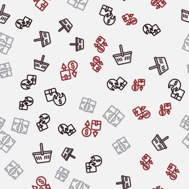 Set line Hot price Shopping basket Stacks paper money cash and Tax cardboard box on seamless pattern. Vector.