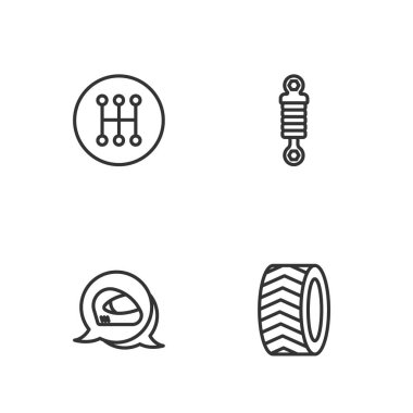 Set line Car tire wheel Racing helmet Gear shifter and Shock absorber icon. Vector.
