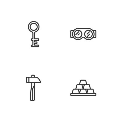 Set line Gold bars Hammer Old key and Welding glasses icon. Vector.