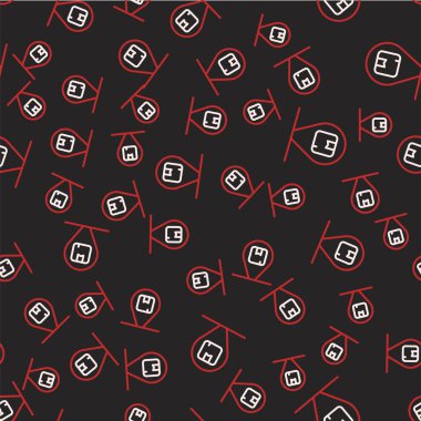 Karton kutu simgesine sahip çizgi konumu siyah arkaplanda izole edilmiş pürüzsüz desen. Teslimat hizmetleri, lojistik ve ulaşım, dağıtım. Vektör.