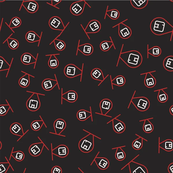 Karton kutu simgesine sahip çizgi konumu siyah arkaplanda izole edilmiş pürüzsüz desen. Teslimat hizmetleri, lojistik ve ulaşım, dağıtım. Vektör.