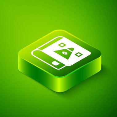 Yeşil arka planda izole edilmiş Isome 'lı Eskiler' in sihirli kitabı simya tarifleri, mistik büyüler ve büyü simgesi. Yeşil kare düğmesi. Vektör.