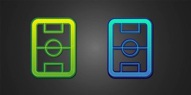 Yeşil ve mavi futbol topu veya siyah arka planda izole edilmiş futbol sahası ikonu. Vektör.