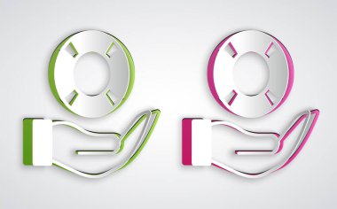 Kağıt kesiği, gri arka planda izole edilmiş el simgesi ile Lifebuoy. Can simidi sembolü. Kağıt sanatı tarzı. Vektör.