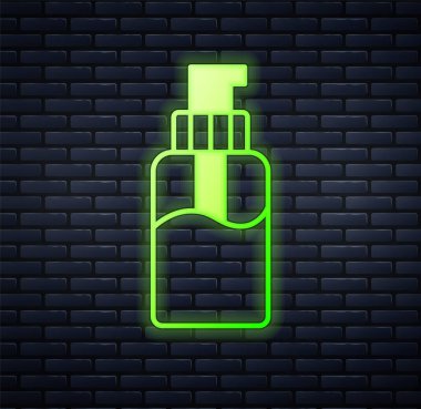 Glowing neon Bottle of liquid antibacterial soap with dispenser icon isolated on brick wall background. Disinfection, hygiene, skin care concept. Vector.