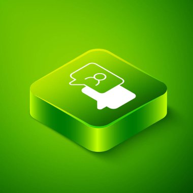 Isometric Konuşma balonu sohbet simgesi yeşil arka planda izole. İleti simgesi. İletişim ya da yorum sohbet sembolü. Yeşil kare düğmesi. Vektör.