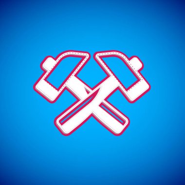 Mavi arka planda beyaz haçlı çekiç simgesi var. Tamir için bir araç. Vektör.