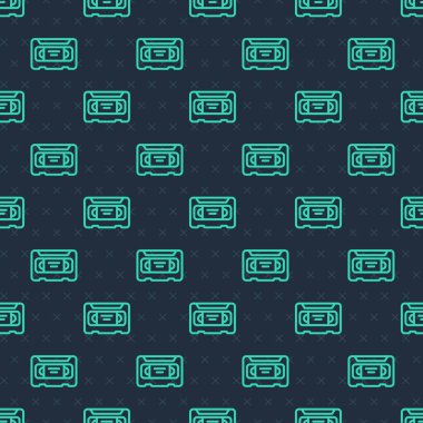Green line VHS video cassette tape icon isolated seamless pattern on blue background. Vector.