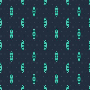 Green line French baguette bread icon isolated seamless pattern on blue background. Vector.