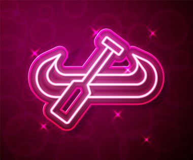 Parlayan neon hattı kano ve kürek ikonu kırmızı arkaplanda izole edildi. Balıkçılık ve turizm için kano. Açık hava aktiviteleri. Vektör.