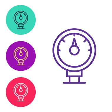 Çizgi Motor gaz göstergesi simgesi beyaz arkaplanda izole edildi. Yakıt göstergesi boş. Tam depo göstergesi. Simgeleri renklendirin. Vektör.