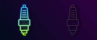 Parlayan neon hattı araba bujisi simgesi siyah arkaplanda izole edildi. Araba elektrikli mumu. Vektör.