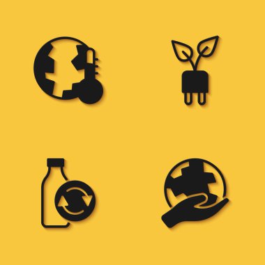 Set Earth melting to global warming Hand holding globe Recycling plastic bottle and Electric saving plug leaf icon with long shadow. Vector.