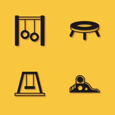 Set Gymnastic rings Slide playground Swing for kids and Jumping trampoline icon with long shadow. Vector.