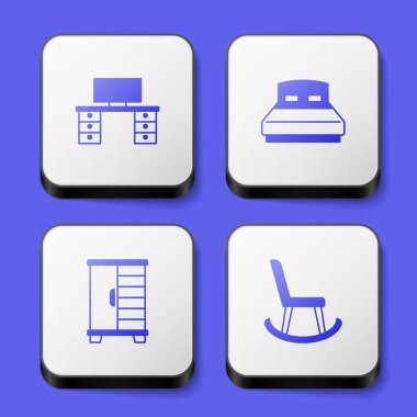 Set Office desk Big bed Wardrobe and Armchair icon. White square button. Vector.