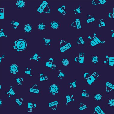 Set Stopwatch percent discount Shopping cart Hanging sign with text Closed and Buyer on seamless pattern. Vector.