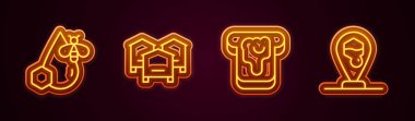 Set line Bee and honeycomb Hive for bees Bread with and Honeycomb location. Glowing neon icon. Vector.