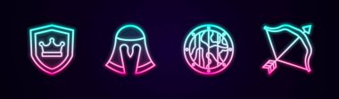Set line Shield with crown Medieval helmet Round wooden shield and bow and arrow. Glowing neon icon. Vector.