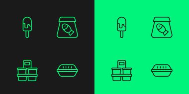 Set line Lunch box Coffee cup to go Ice cream and Online ordering fish icon. Vector.