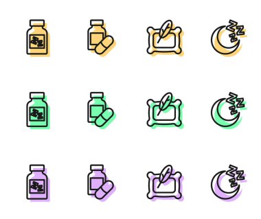 Set line Pillow Sleeping pill and Moon and stars icon. Vector.