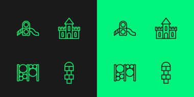 Set line Hopscotch Playground climbing equipment Slide playground and Sand castle icon. Vector.