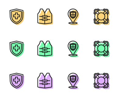 Set line Location shield Life insurance with jacket and Lifebuoy icon. Vector.