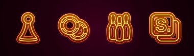 Set line Chip for board game Casino chips Bowling pin and Bingo. Glowing neon icon. Vector.