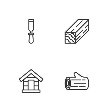 Set line Wooden log Dog house Chisel tool and beam icon. Vector.