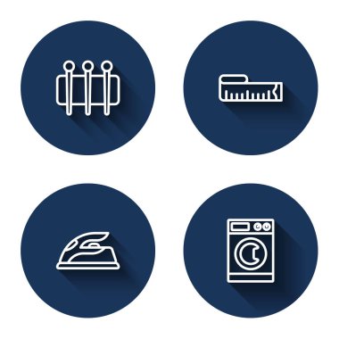 Set line Needle for sewing Tape measure Electric iron and Washer with long shadow. Blue circle button. Vector.