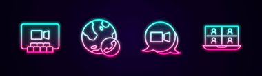 Görüntülü sohbet konferansını ayarla ve... Parlayan neon ikonu. Vektör.