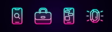 Set line Magnifying glass and mobile Briefcase Mobile 24 hours support and Diamond. Glowing neon icon. Vector.