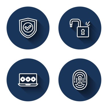 Set line Shield with check mark Open padlock Laptop password and Fingerprint with long shadow. Blue circle button. Vector.