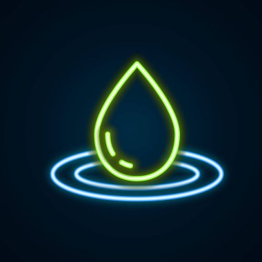Parlayan neon hattı kara zemin üzerinde su damlası simgesi izole edildi. Renkli taslak konsepti. Vektör.
