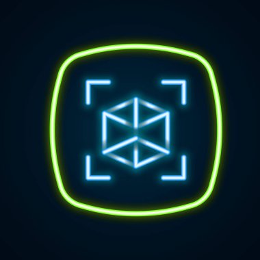 Parlayan neon hattı 3D modelleme simgesi siyah arkaplanda izole edildi. Artırılmış gerçeklik mi yoksa sanal gerçeklik mi? Renkli taslak konsepti. Vektör.