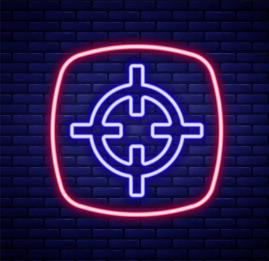 Parlayan neon hattı hedef spor ikonu tuğla duvar arkasında izole edildi. Atış mesafesi ya da atış mesafesi için sayıları olan temiz bir hedef. Renkli taslak konsepti. Vektör.