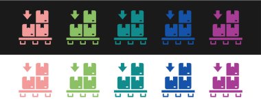 Siyah ve beyaz arkaplanda izole edilmiş karton kutuları palet simgesine yerleştir. Kırılgan işaretli kapalı karton teslimat kutusu. Vektör.