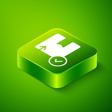 Isometric Karton karton kutu simgesi yeşil arka planda izole. Kutu, paket, paket işareti. Teslimat ve ambalaj. Yeşil kare düğmesi. Vektör.