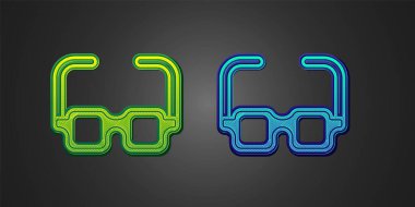 Siyah arkaplanda yeşil ve mavi gözlük simgesi var. Gözlük çerçevesi sembolü. Vektör.