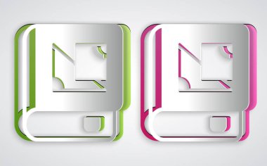 Paper cut Book about geometry icon isolated on grey background. Paper art style. Vector.